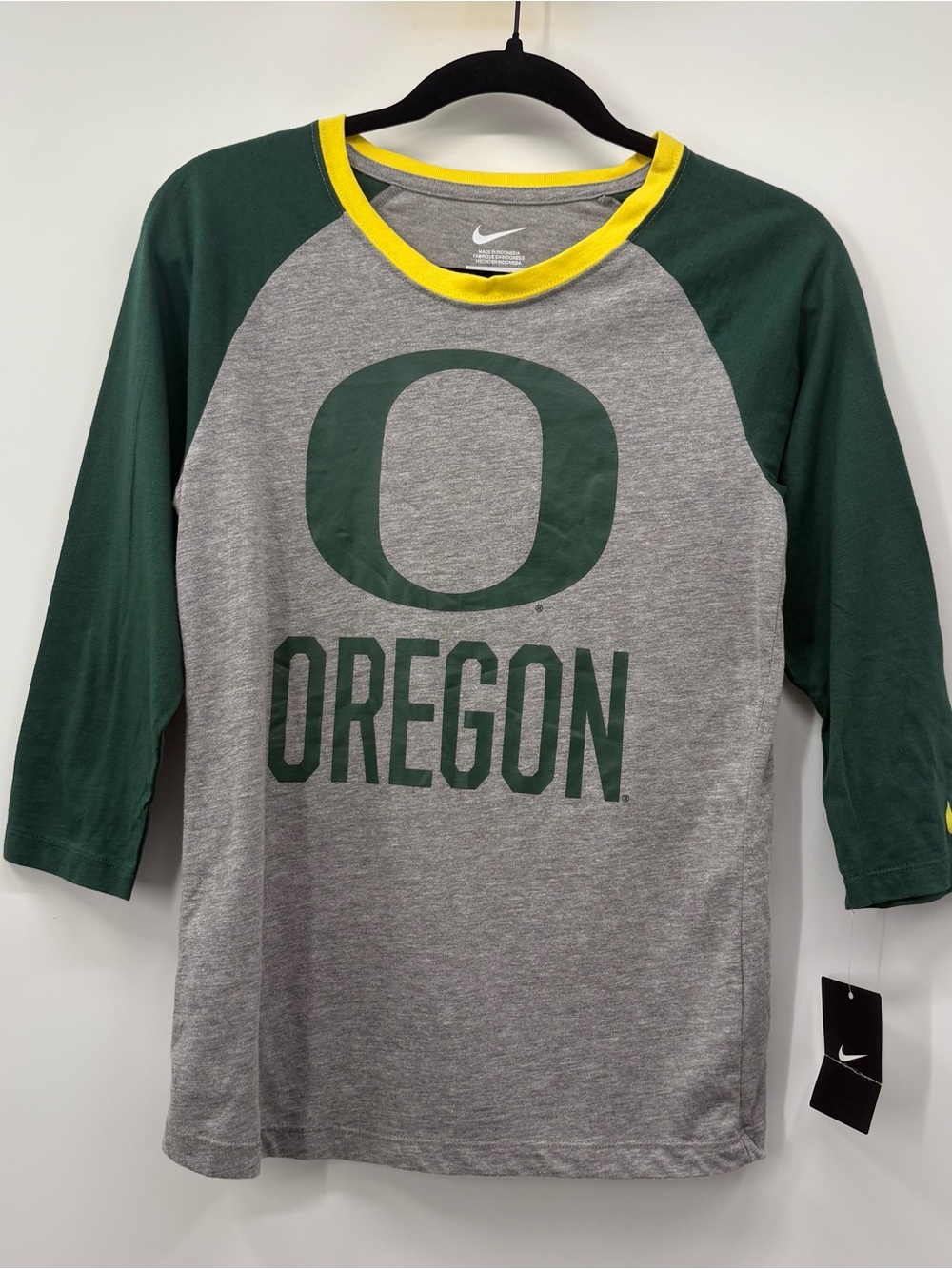 Nike Gray Raglan Tee with Green Sleeves & Yellow Trim